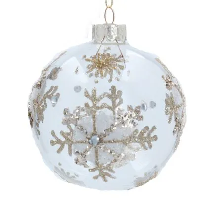Clear Glass Bauble with Gold Lace Flower and Snowflake