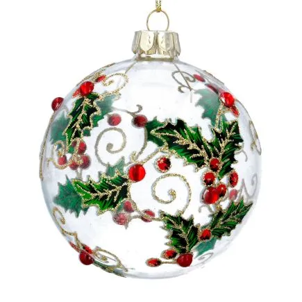 Clear Glass Painted Holly Ball with Diamante