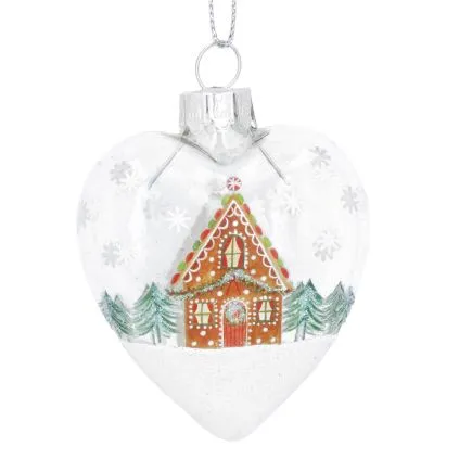 Clear Glass Heart Shaped Bauble with Gingerbread House