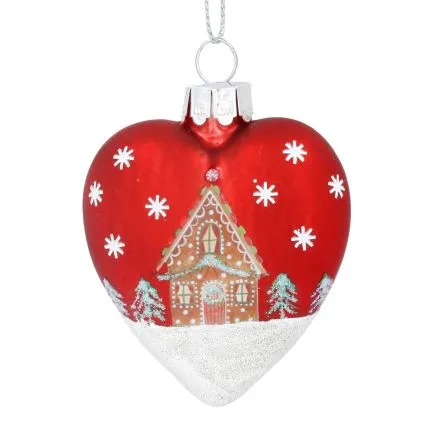 Matt Red Heart Shaped Bauble with Gingerbread House