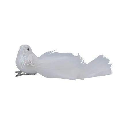 A white and silver glitter and feather bird clip.
