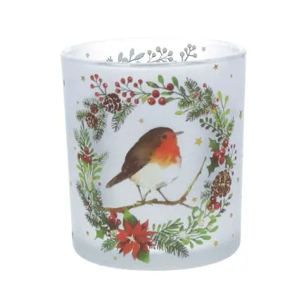 Robin in Wreath Frosted Glass Tealight Holder