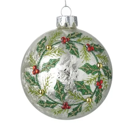 Holly Leaf Patterned Glass Bauble