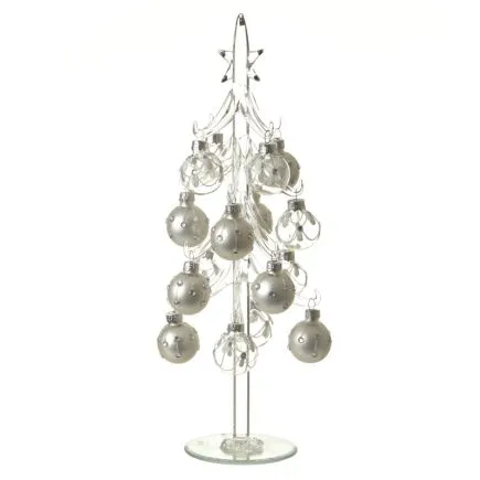 Glass Christmas Tree with Ivory and Clear Glass and Jewel Decorations