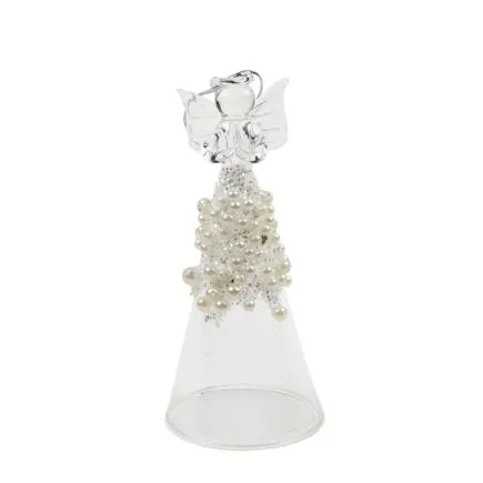 Clear Glass Angel Decoration with Silver Glitter and Pearl Beads.