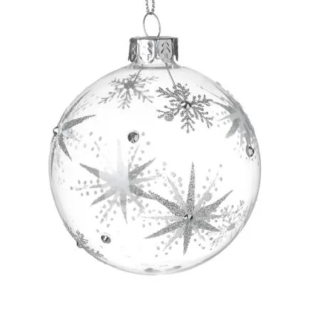 Clear Glass Bauble with Silver Glitter Stars and Snowflakes