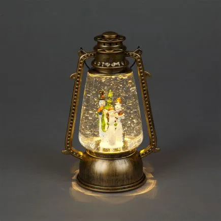 Brushed Gold Lantern with Snowman Trio - Water Spinner