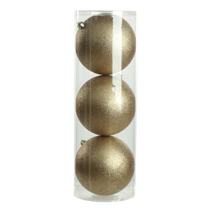 3 x 20cm glitter balls in drum - champagne gold