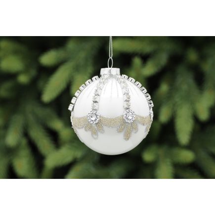 White Glass Bauble with Gold and Diamante Detail