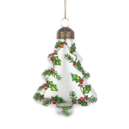 White Glass Tree Hanging Ornament with Holly & Berries.