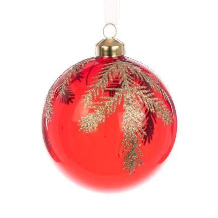 Clear Red Glass Bauble with Gold Fern Detail