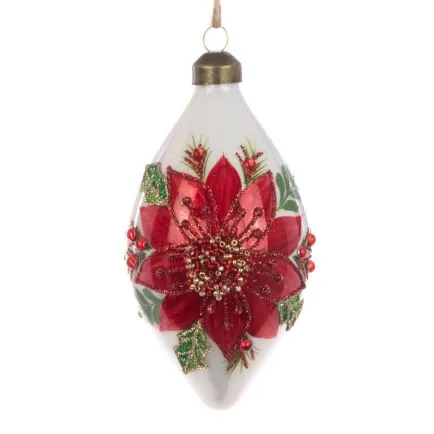 White Glass Finial with Red Poinsettia and Jewel detail.