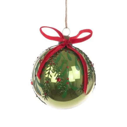 Sage Green Glass Bauble with Mistletoe and a red velvet ribbon.