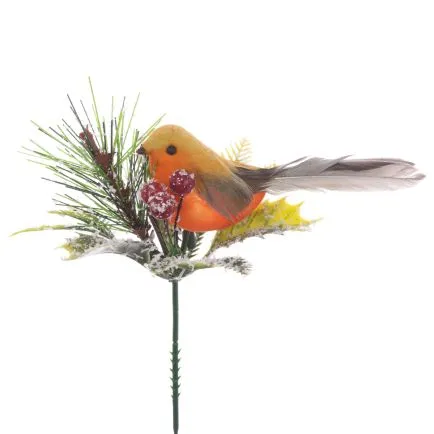 Feathered Robin on Pine Sprig Pick