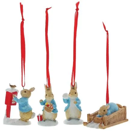 Set Of 4 Peter Rabbit Hanging Christmas Ornaments