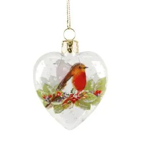 Gisela Graham Clear Glass Heart With Robin And Fruit