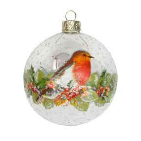 Clear Glass Bauble with Traditional Robin