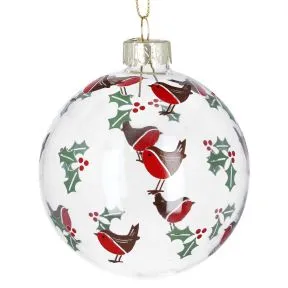 Gisela Graham Clear Glass Ball with Robins & Holly