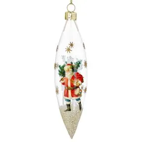 Clear Glass Icicle Teardrop with Nostalgic Santa