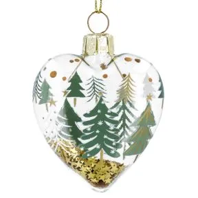 Gisela Graham Clear Glass Heart with Conifer Trees and Gold Glitter