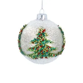 White Glass Bauble With Christmas Tree