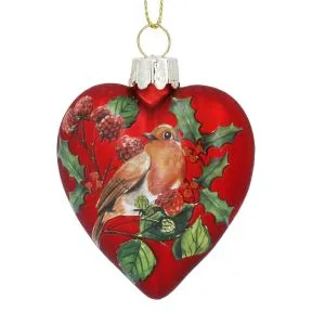 Matt Red Heart Shaped Bauble with Robin