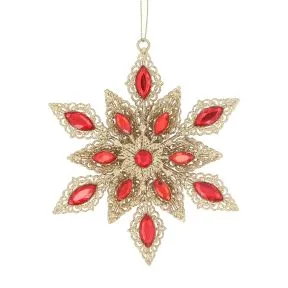 Gold Metal Filigree Snowflake with red Jewels