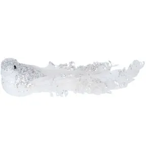 A white and silver glitter and feather bird clip.