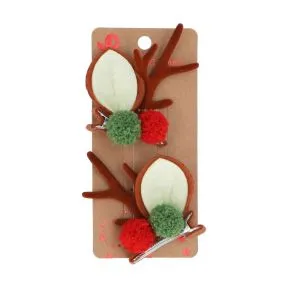 Fabric Antler & Pom Pom Hair Clip set