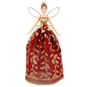 Tree Topper Fairy in Red Dress with Gold Leaves Print