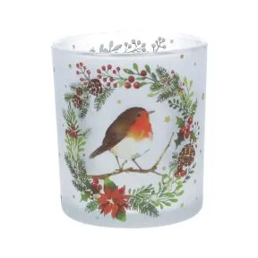 Robin in Wreath Frosted Glass Tealight Holder