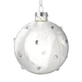 Clear Glass Bauble with Gems and White Feathers