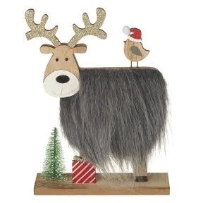 Wooden Reindeer With Fur Body And Robin