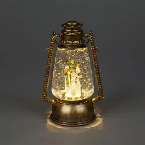 Brushed Gold Lantern with Snowman Trio - Water Spinner