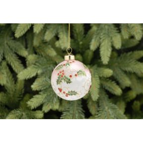 8cm white glass ball with holly design