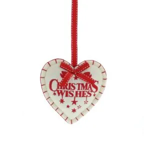 Felt Rustic Cream and Red Christmas Wishes Hanging Heart.