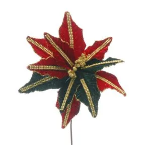 Red and Green Poinsettia Stem with Gold Trimmings
