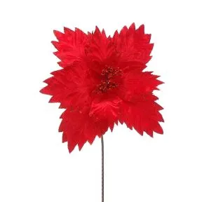 Red Poinsettia Stem With Red Glitter Trim