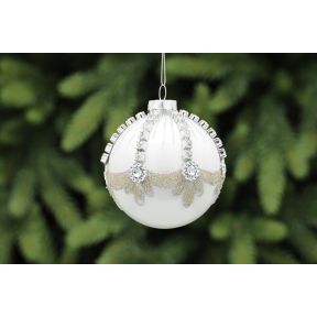 White Glass Bauble with Gold and Diamante Detail