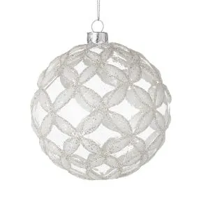 Glass Bauble With Silver & White Leaves