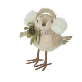Champagne Gold Fluffy Bird with Ear Muffs and Mistletoe