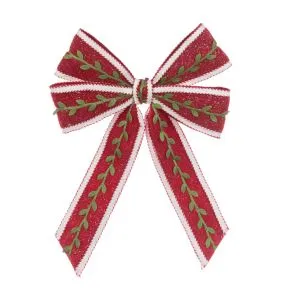 Large Red Bow with Green Leaves and White Trim