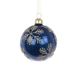 Deep Blue Glass Bauble with Gold Snowflake Detail