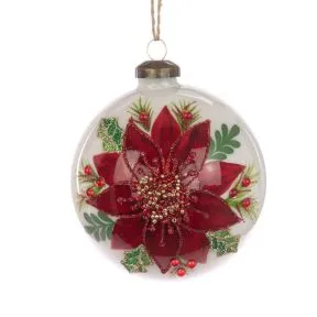 White Glass finial with Red Poinsettia and jewel detail.