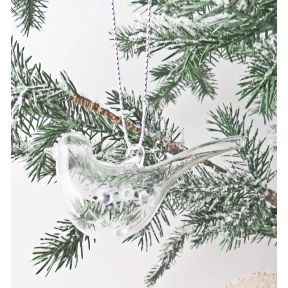 Small glass bird shaped tree dec with long tail and diamante detail.